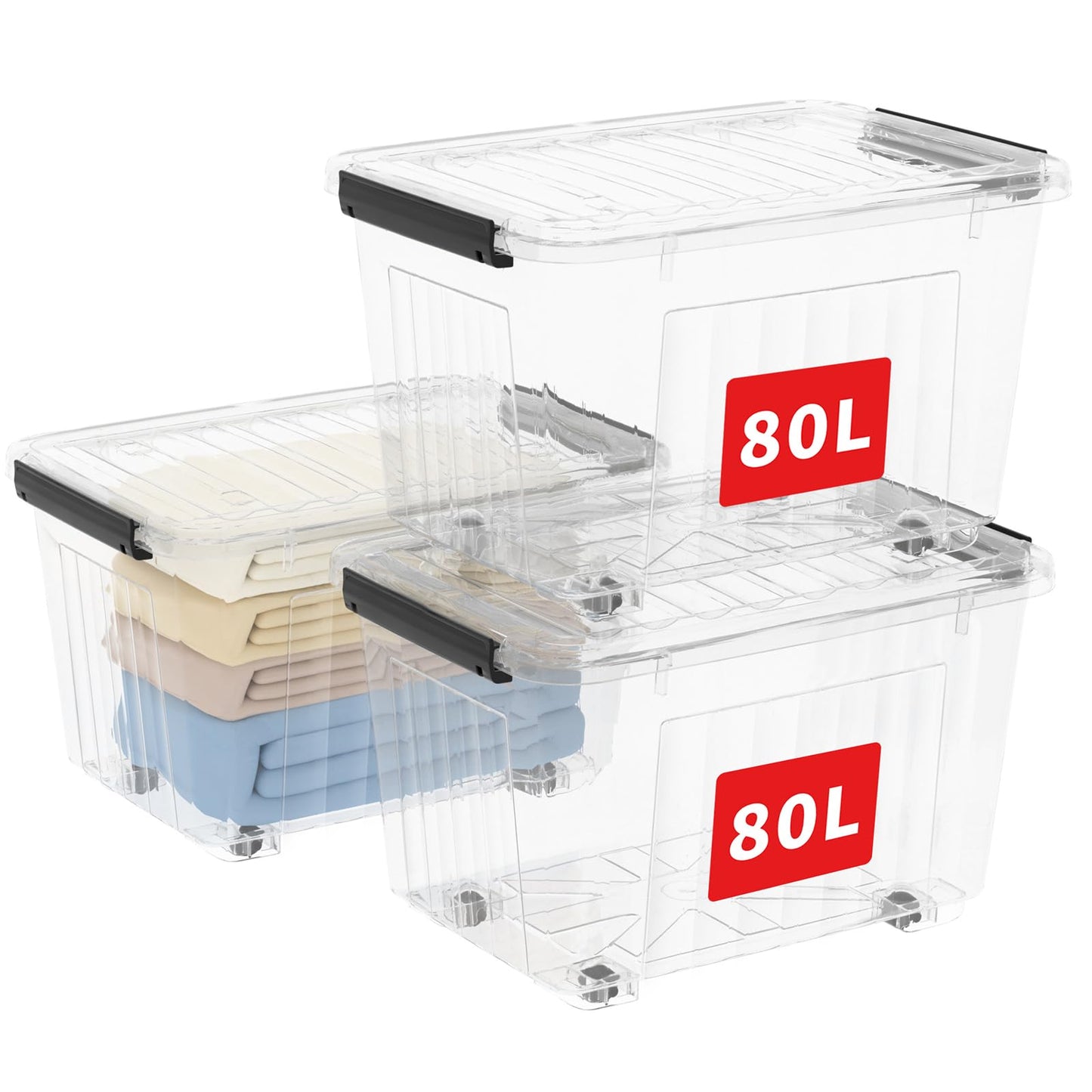 Cetomo 80L*3 Plastic Storage Boxes with Wheels, Lidded Storage Box with Secure Side Latches, PP Nestable and Stackable Clear Organizer for Home