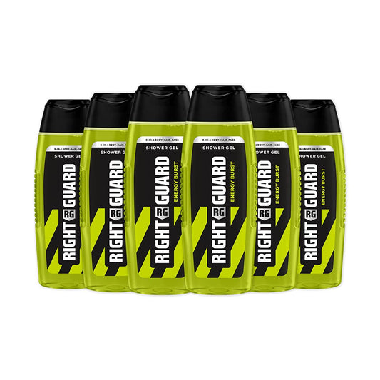Right Guard Mens 3-in-1 Shower Gel, Energy Burst Body, Face and Hair Wash, Multipack 6 x 250 ml
