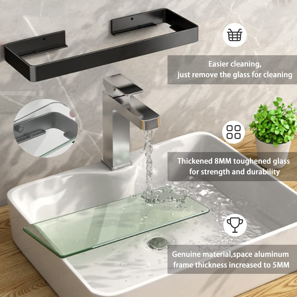 Biutimarden Bathroom Shelf Rectangular No Drilling Wall Mounted Tempered Glass Shower Caddy Space Aluminum Rustproof Storage Organizer for Bathroom