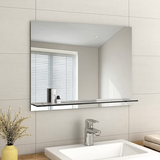 EMKE Frameless Mirror with Shelf - Small Bathroom Wall Shaving Mirror with Storage, Rectangle Vanity Mirrors 80x60cm
