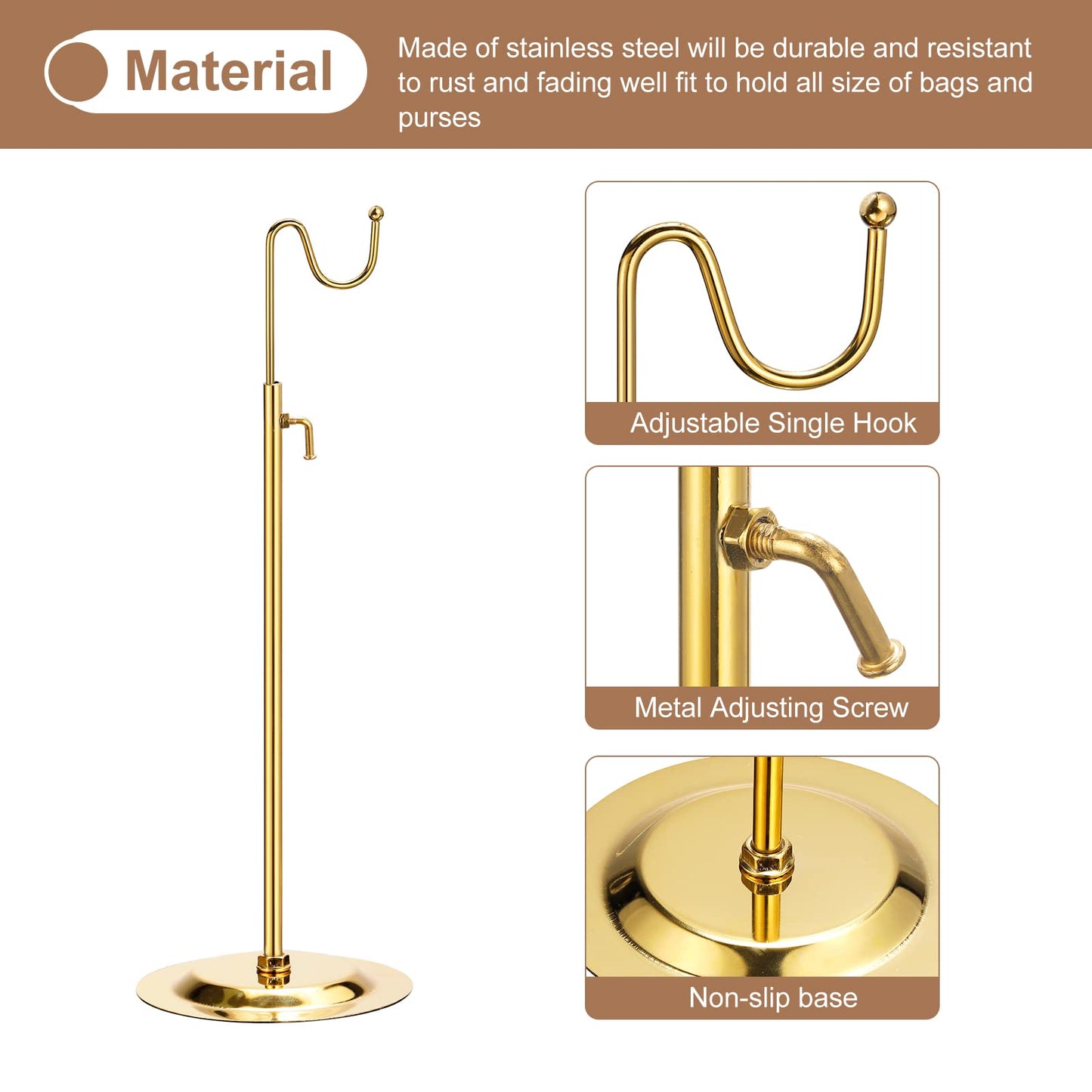 sourcing map Purse Display Stand Adjustable Tabletop Single Hook Handbag Rack Stainless Steel Bag Holder for Retail Boutique Store - Gold