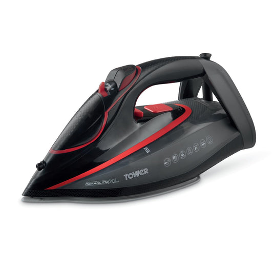 Tower T22034RED Steam Iron with Ceraglide XL Ceramic Soleplate, AI One Temp Technology, Anti-Drip & Anti-Calc, 350ml Water Tank, 3100W, Red & Black