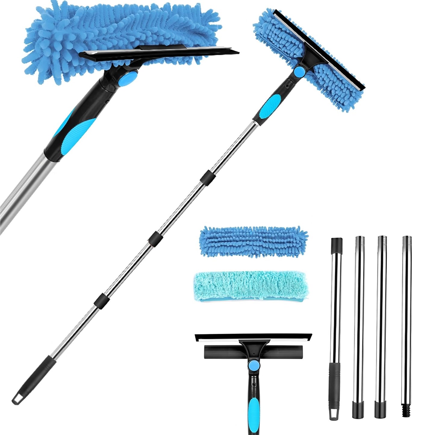 Window Cleaning Equipment, 2 in 1 Telescopic Window Cleaner, 270? Rotating Squeegee Window Cleaning Kit with 4 Extendable Pole for Indoor/Outdoor High