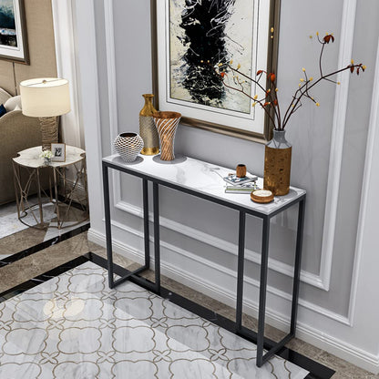 Slim Console Table Hallway Unit: White Marble Top Consoles Desk Long 100cm High Gloss Sintered Stone Marbles Effect and Black Legs Narrow Tall Modern