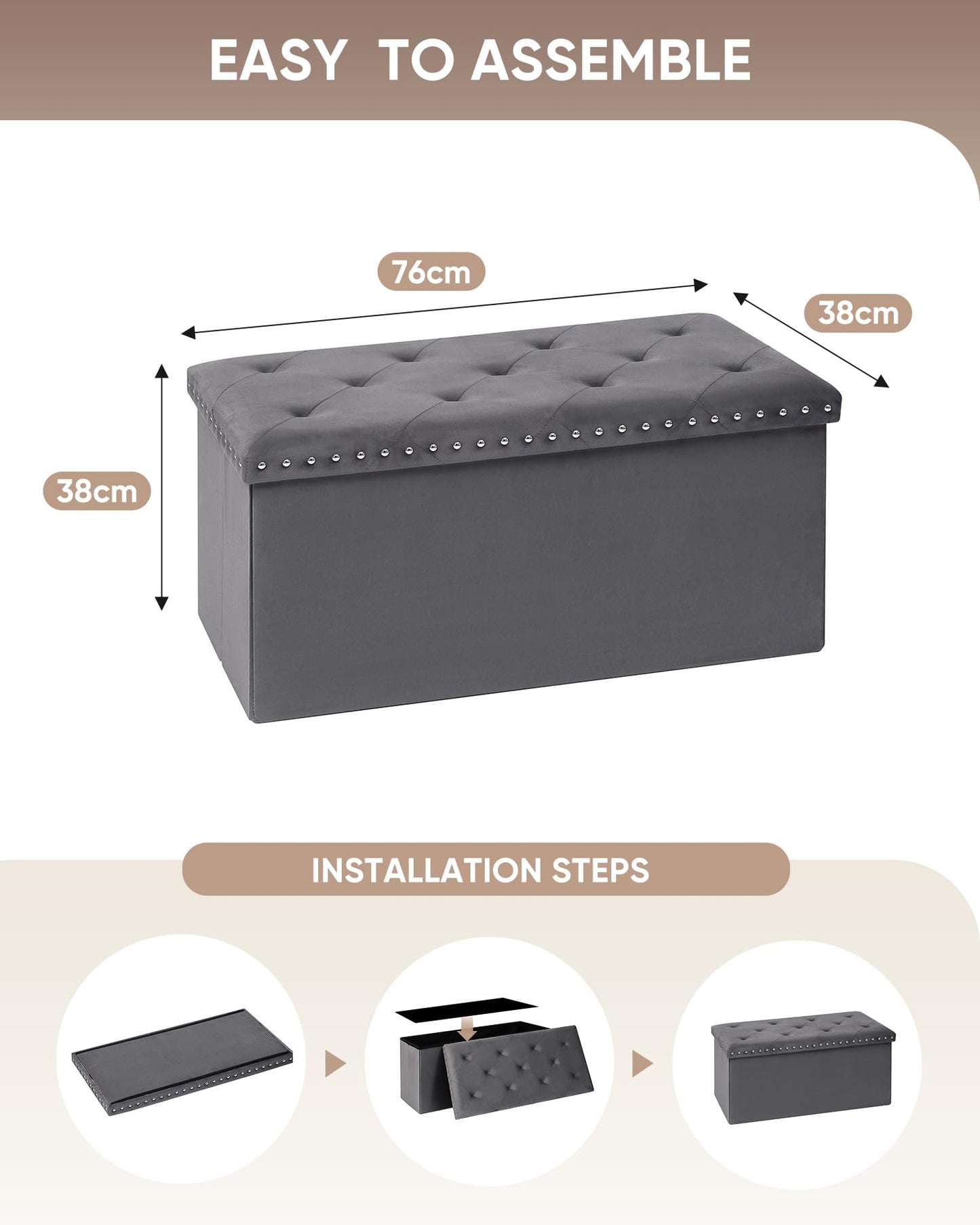 Bonlife Velvet Ottoman with Storage,Large Storage Boxes with Lids,Folding Ottoman Bench Seat,Footstool for Living Room,76x38x38cm,Grey