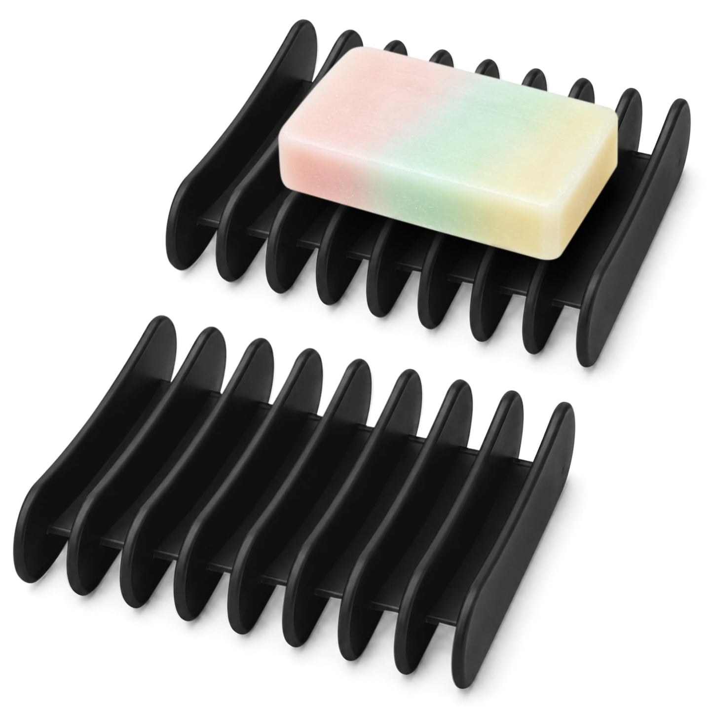 Langerspur Silicone Soap Dish 2 Pack Bar Soap Holder Self Draining Soap Tray Dishes for Bathroom Shower Kitchen Sink Travel (Black)