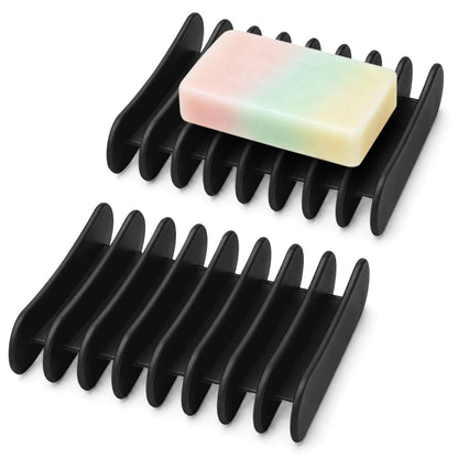 Langerspur Silicone Soap Dish 2 Pack Bar Soap Holder Self Draining Soap Tray Dishes for Bathroom Shower Kitchen Sink Travel (Black)