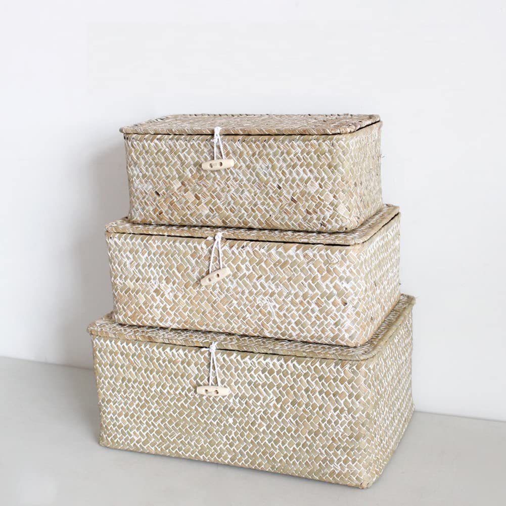 HAPYFURN Seagrass Storage Basket with Lid Rectangular Box for Toys Clothes Books Keys Natural Rattan Woven Multifunctional Makeup Organizer Set of 3