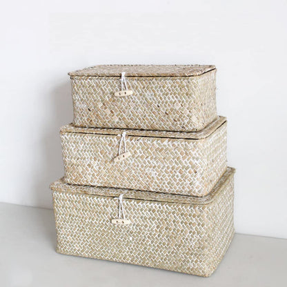 HAPYFURN Seagrass Storage Basket with Lid Rectangular Box for Toys Clothes Books Keys Natural Rattan Woven Multifunctional Makeup Organizer Set of 3