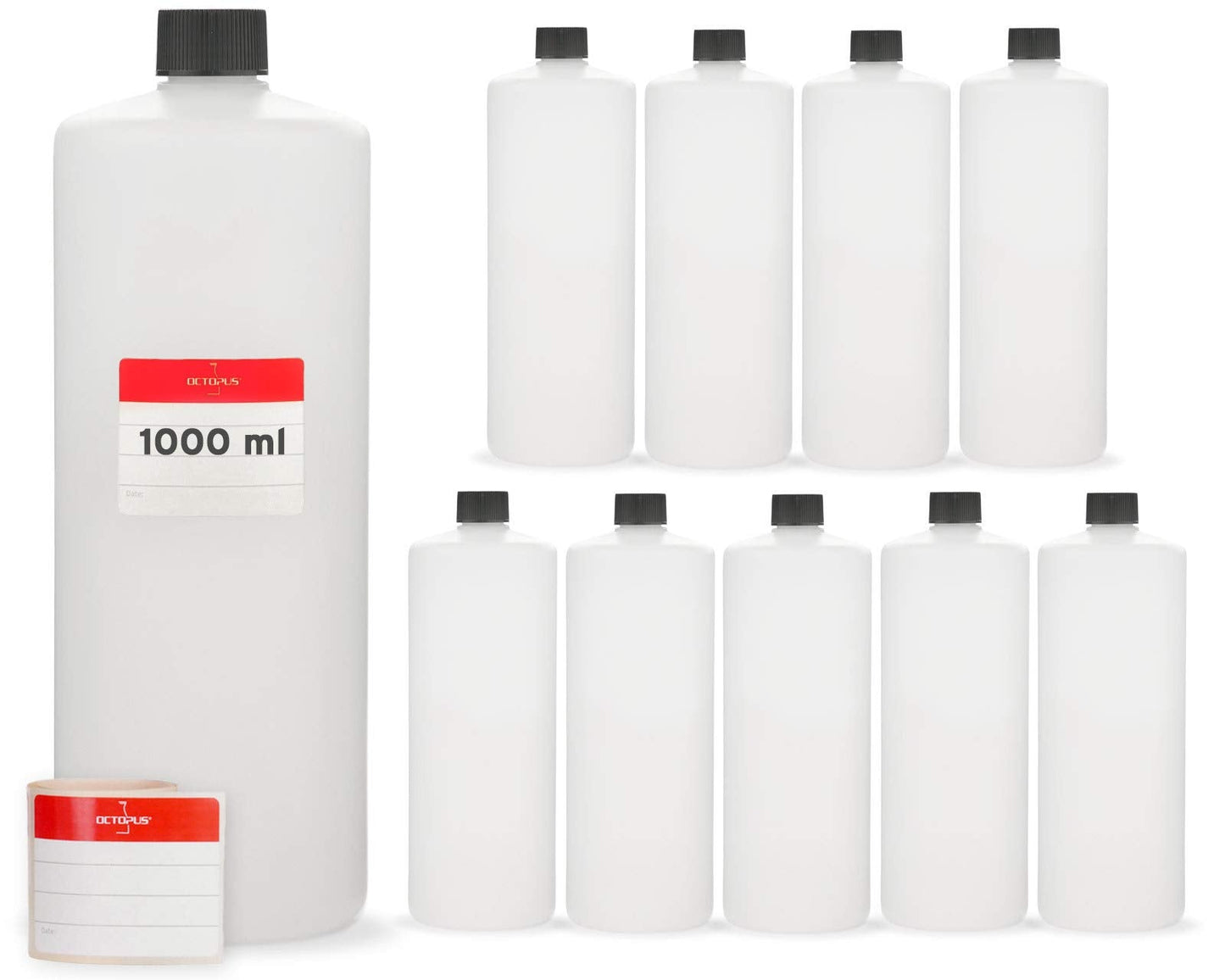 Octopus 10-Pack 1000 ml HDPE Plastic Bottles with Black Caps, Food & Chemical Resistant, Suitable for Storage & Transport of Liquids, Including Labels