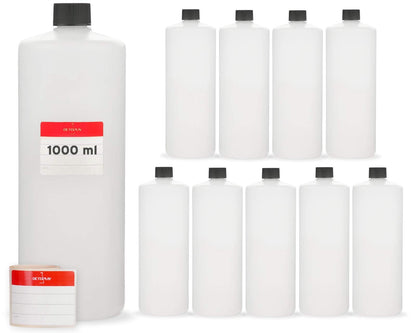 Octopus 10-Pack 1000 ml HDPE Plastic Bottles with Black Caps, Food & Chemical Resistant, Suitable for Storage & Transport of Liquids, Including Labels