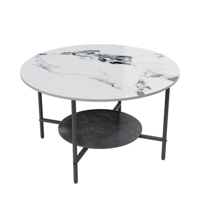 Round Coffee Tables Sintered Stone: 2-Tier Circle Coffee Tables 80 cm White Black Textured Marble Table Top with Sturdy Aluminum Frame Couch Center