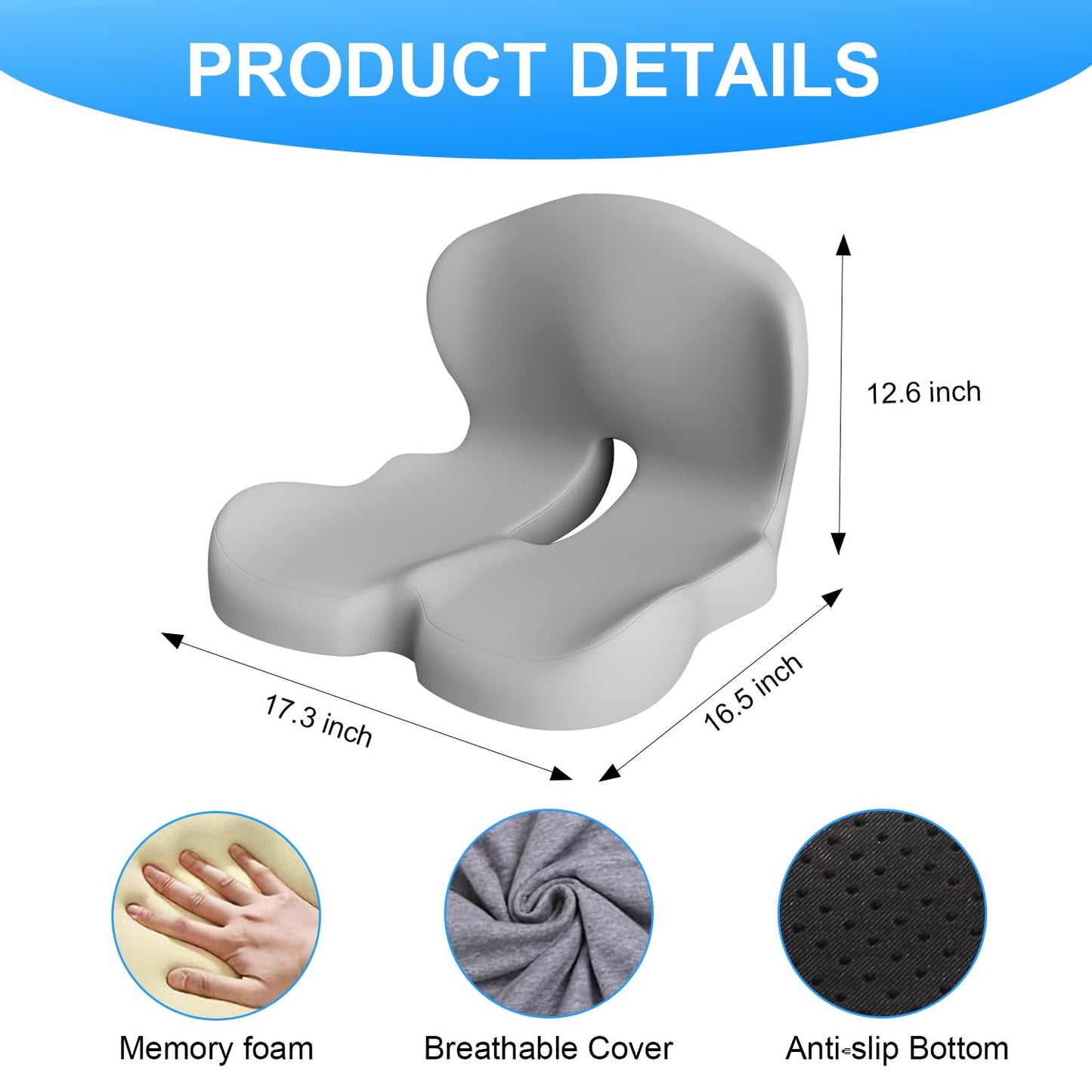 Gresonic Ergonomic Memory Foam Seat Cushion, For Office, Car, Gaming & Dining Chairs, Sciatica, Tailbone & Coccyx Pain Relief