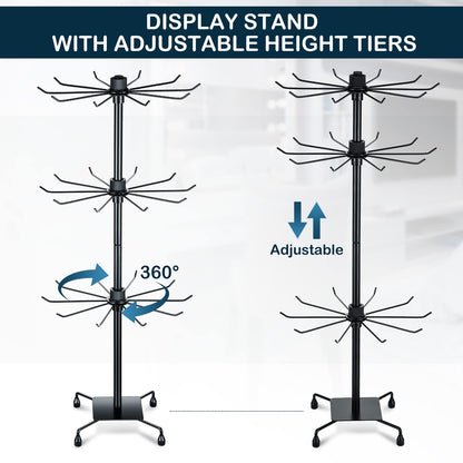 BBTO 2 Pcs Rotating Jewelry Display Rack 3 Tier Metal Display Hanging Jewelry Tower with Hooks for Earring Necklace (Black,28.35 x 11.8 Inch)