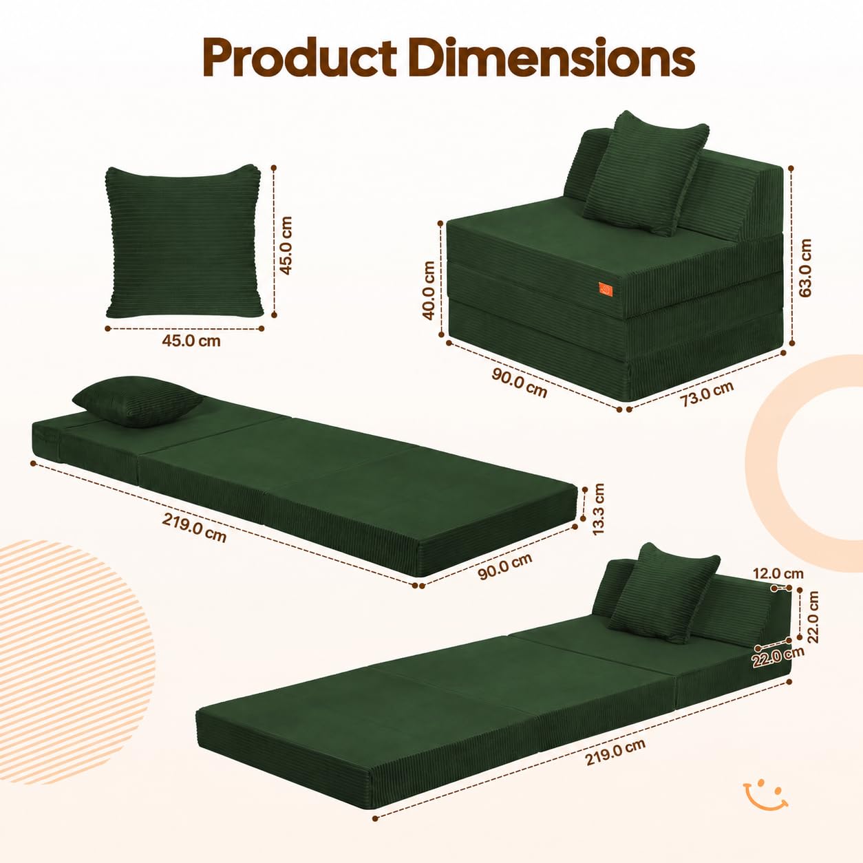 MeMoreCool Single Folding Sofa Bed, Convertible Boneless Couch, Green