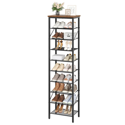 MAHANCRIS 10-Tier Narrow Shoe Rack, Vertical Shoe Storage Organizer, for 12-24 Pairs, Shoe Shelf with Metal Frame, for Hallway, Entryway, Living Room