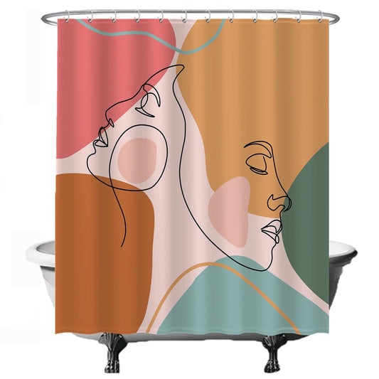 Ulticool Shower Curtain - Face Abstract Aesthetics Emotion - 180 x 200 cm - Anti Mould - Washable - Waterproof - with 12 Rings - Pink Ochre Green