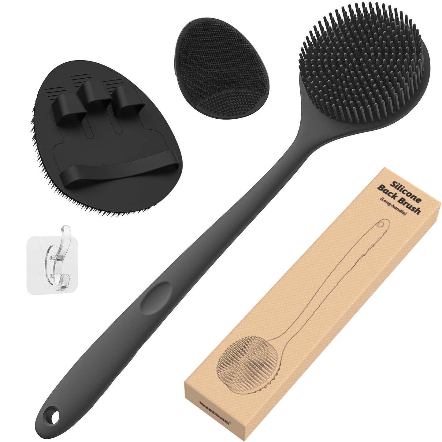 Manmihealth Silicone Back Scrubber (Thin Bristles) & Soft Bath Glove Face Brush Set, Super-Exfoliating Body Scrubber & Super-Lathering Shower Brush