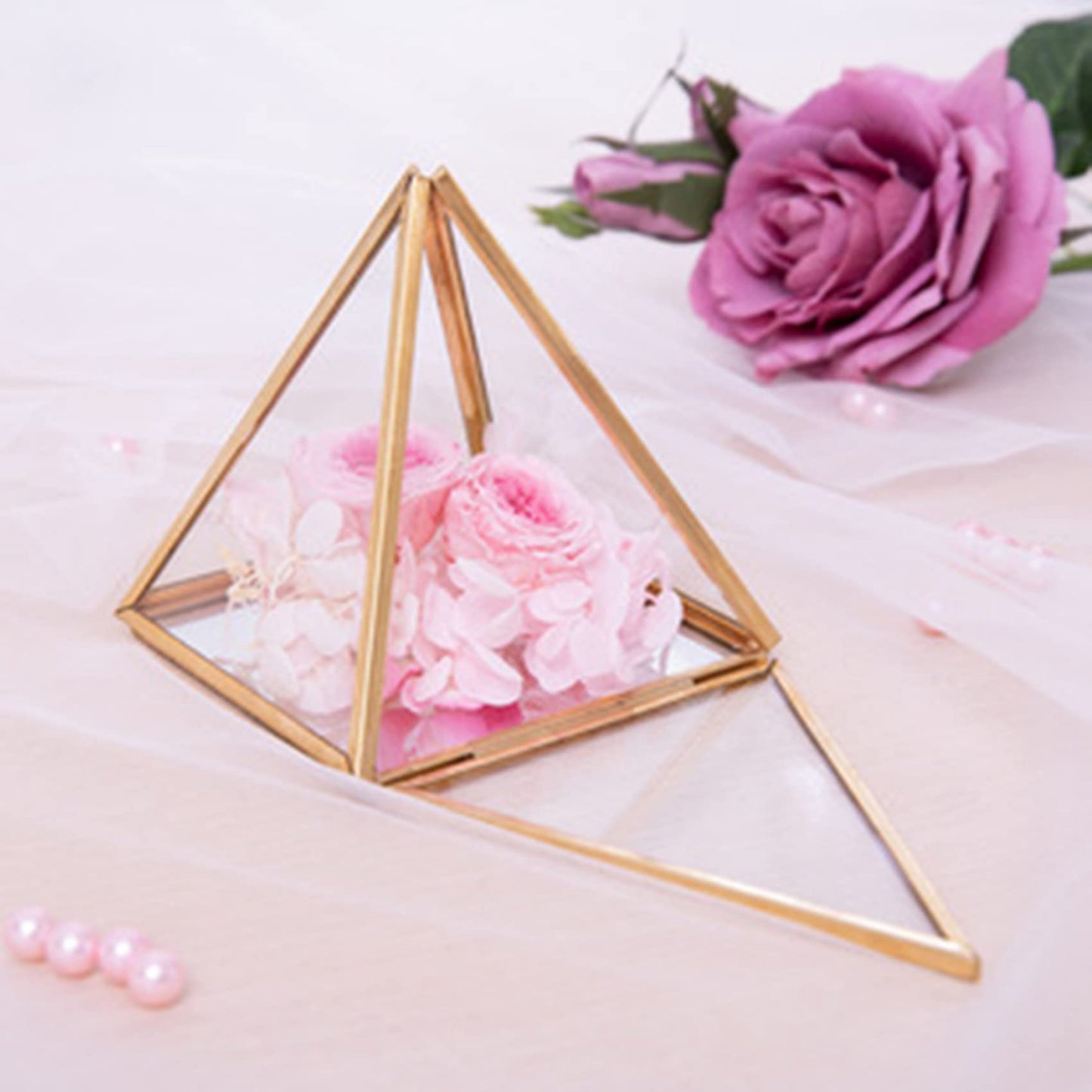 TOBEOME Glass Jewelry Box Golden Geometric Decorative Box Geometric Glass Pyramid Ring Holders for Wedding Birthday Gift L