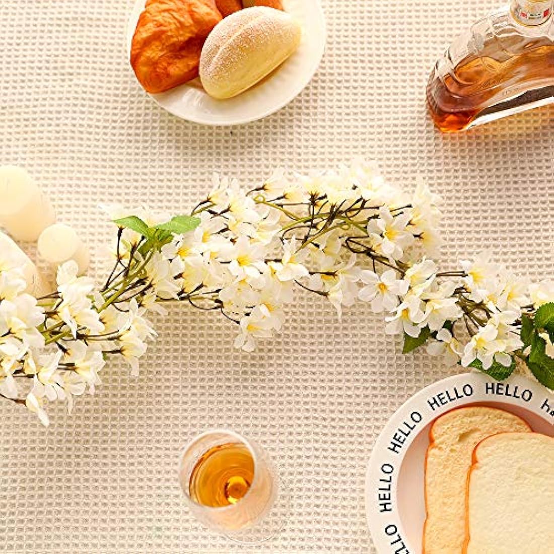 JUSTOYOU 2 Pcs 5.7FT Artificial Sakura Cherry Blossom Flowers Hanging Vine Fake Sakura Garland Fake Oriental Cherry Wreath Home Garden Party Wedding Decor (Cherry White, 2 PCS)