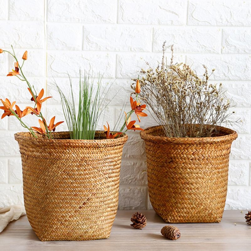 SEWACC 2Pcs Braided Straw Waste Paper Baskets 11.4 Inch Multifunctional Storage Bins for Bedroom Bathroom Office Lightweight Rattan Trash can