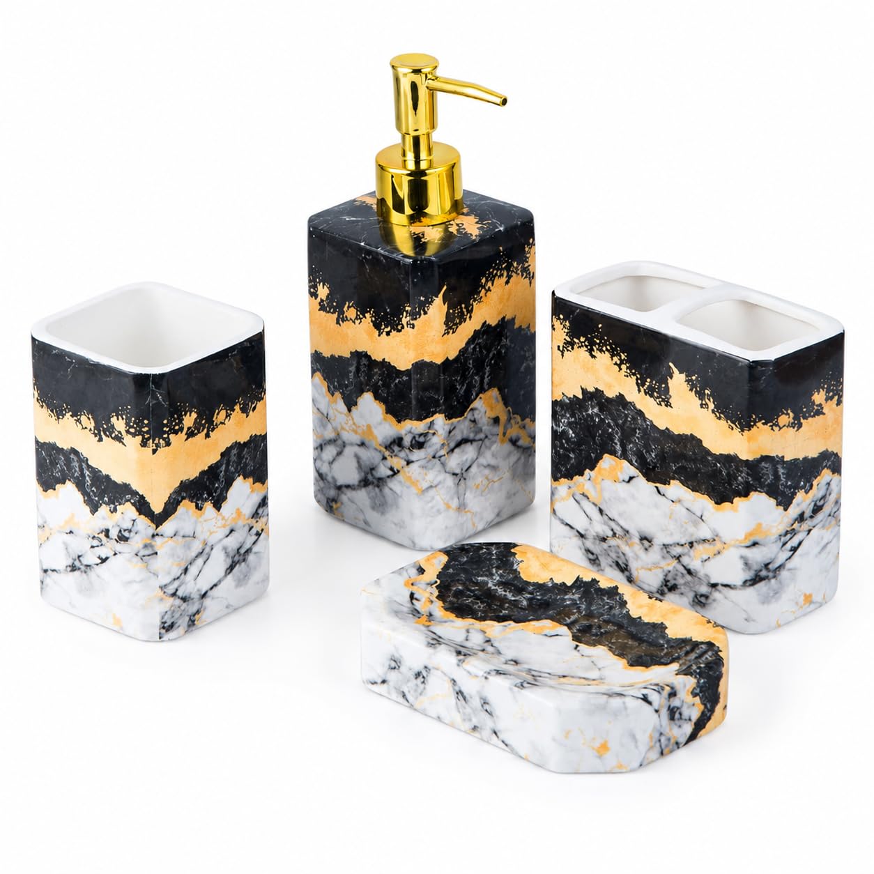 4 Piece Bathroom Accessories Set - Black and White Includes Lotion Dispenser, Toothbrush Holder Tumbler, and Soap Dish - Glossy Finish