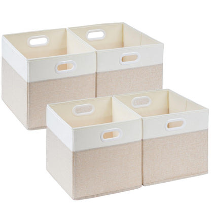 SOCOHOME Fabric Cube Storage Boxes,33x38x33cm Foldable Storage Baskets for Shelf Nursery Closet(Light beige/White, Set of 4)