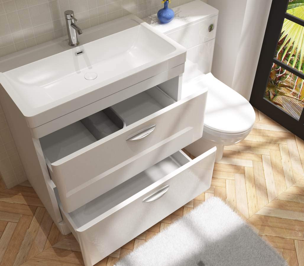 Cyrenne High Gloss White Floor Standing Vanity Basin Storage Unit Cabinet & Polymarble Soft Edges Sink - 800mm