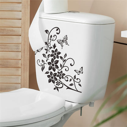 Black Flowers Butterfly Bathroom Toilet Seat Lid Cover Decals Stickers PVC Sticker Removable Self-Adhesive Restroom Decor Art Decoration Toilet Lid