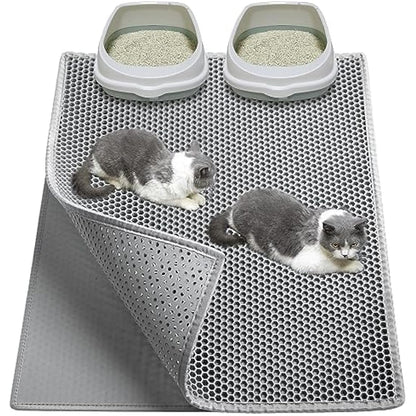 Garoopion Cat Litter Mat, 90 X 76 cm EVA Litter Trapping Mat, Double Layer Honeycomb Holes Design, Grey, 1 Side Connected
