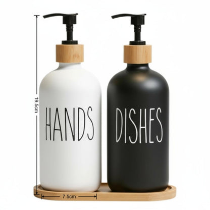 kitchen Soap Dispenser Set, washing up liquid dispenser,Glass Bottle Jar with Bamboo Tray,suitable for Bathroom, Kitchen, Laundry Room