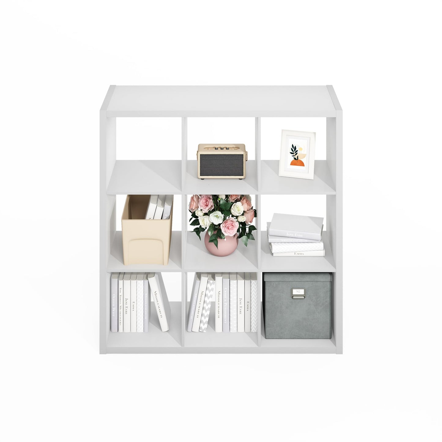 Furinno SIMPLE Cube Storage Organizer, 9-Cube Display Shelf, Open Back Shelving Unit, Storage Shelves, Extra Thick Frame
