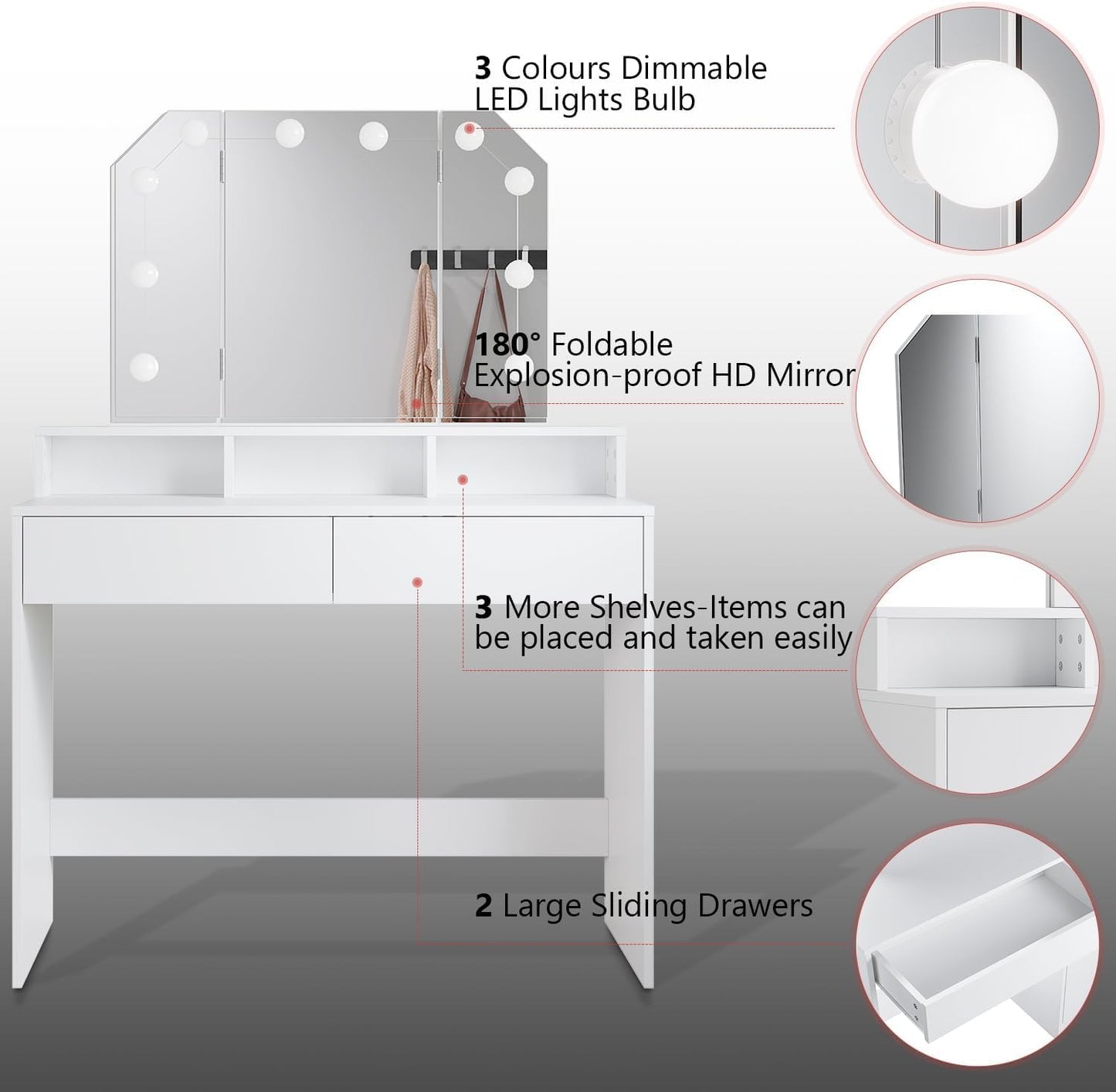 ZANOFIRA White Dressing Table with 3 Foiding Mirror, 3 Colors LED Lights with Adjustable Brightness