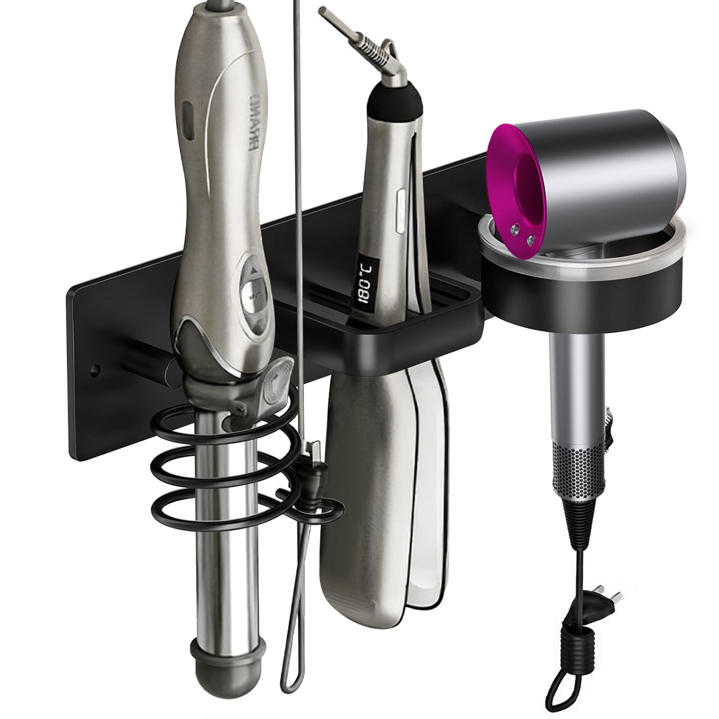 Hairdryer wall rack – bracket with cable tray, drilled and non-drilled mounting, rustproof bathroom organizer for hairdryer and styling tools