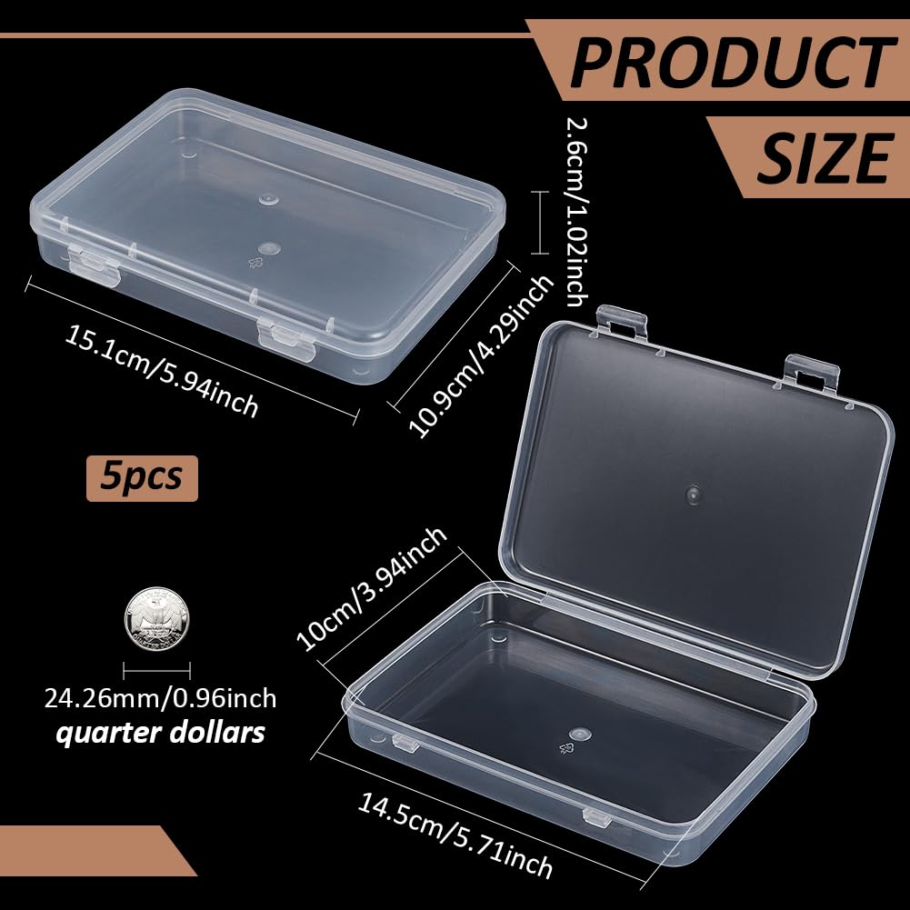 BENECREAT 5 Packs 15x11x2.6cm Rectangle Large Clear Plastic Box Containers with Double Buckles for Cards, Safety Pins