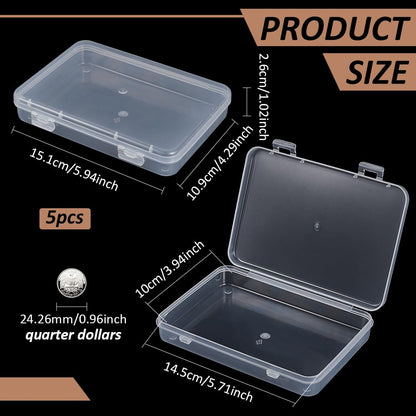BENECREAT 5 Packs 15x11x2.6cm Rectangle Large Clear Plastic Box Containers with Double Buckles for Cards, Safety Pins
