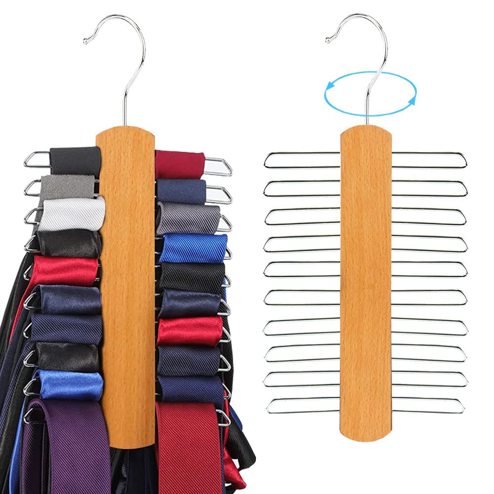 2 Piece Wooden Tie Hanger, Swivel Tie Rack with 20 Metal Partitions and 360 Degree Rotating Clothes Hook, for Hanging Belts, Scarves