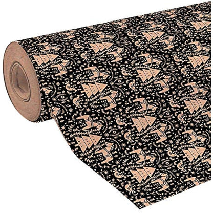 Clairefontaine - Ref 223847C - Recycled Kraft Printed Paper Roll (Single Roll) - 70cm Width x 50m Length, 70gsm 100% Recycled Kraft Paper - Black Christmas Design