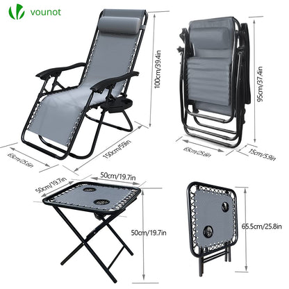 VOUNOT? Zero Gravity Chair with Side Table, Set of 2, Folding Sun Loungers, Recliner Garden Chairs, Outdoor Deck Chairs with Cup and Phone Holder,