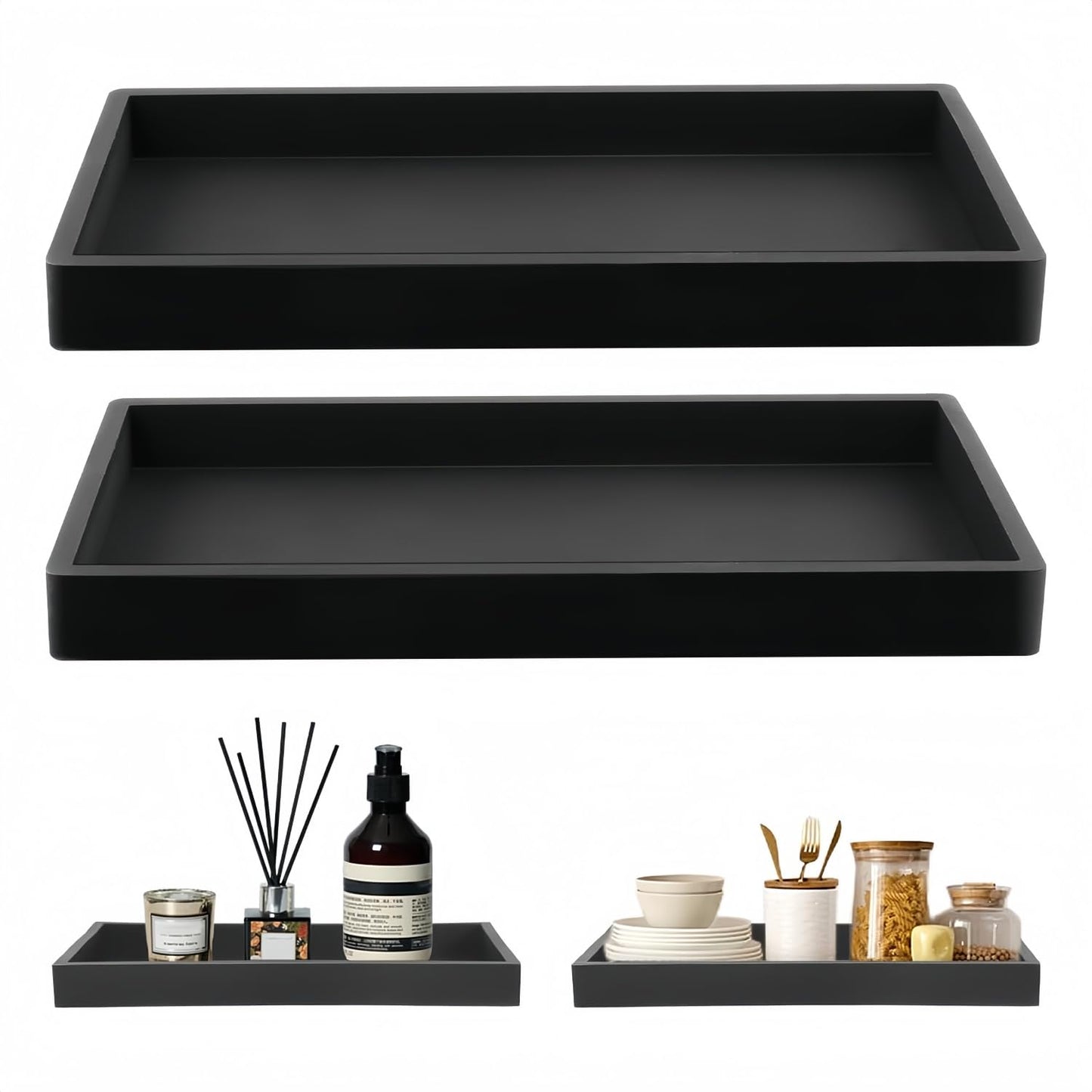 2 Pcs Black Bathroom Vanity Tray Rectangle Silicone Tray