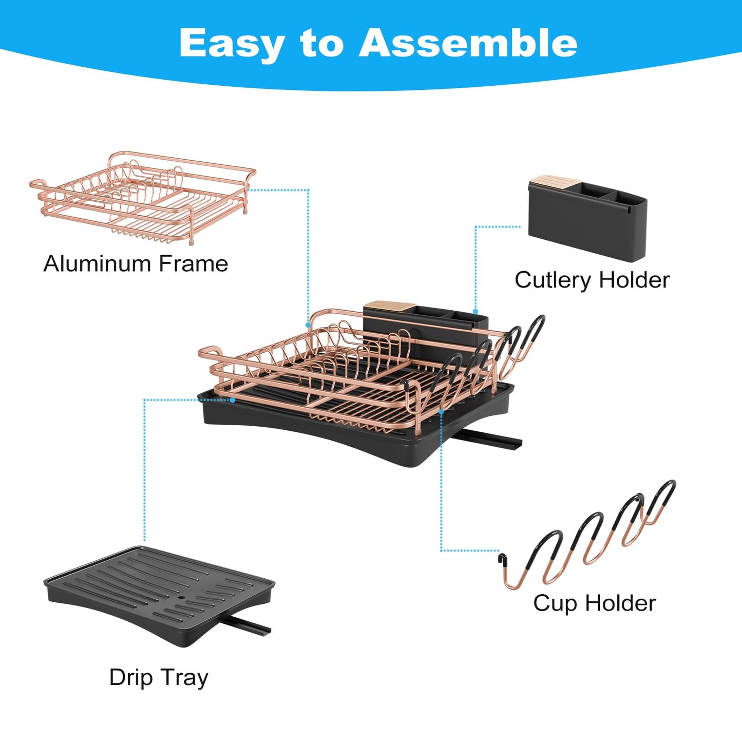 BRIAN & DANY Aluminum Dish Drying Rack, Dish Drainer with Removable Cutlery Holder & Cup Holder, Unique 360 Swivel Spout Drain Board