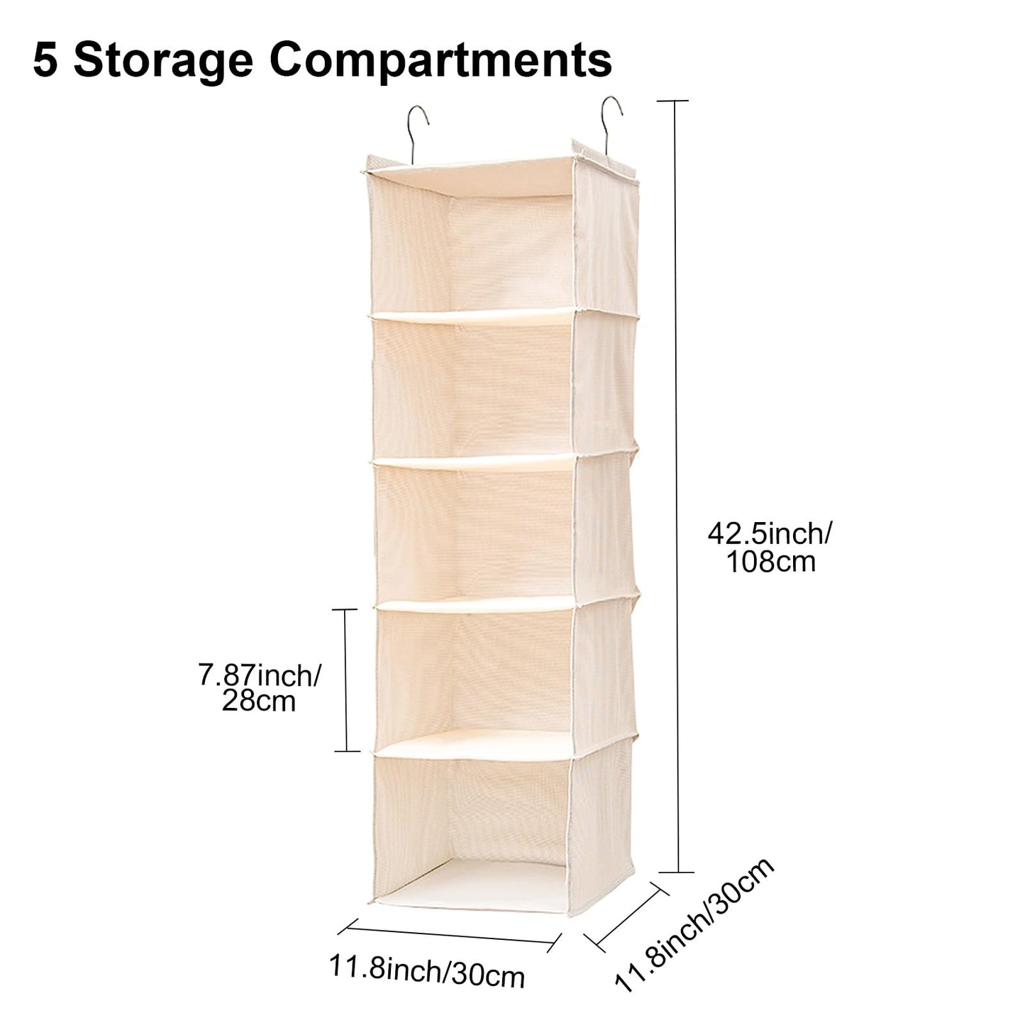BOMEI PACK Beige Hanging Wardrobe Closet Organizer Shelves with 5 foldable Storage compartments,easy hang up with Curved Metal Hooks for storage