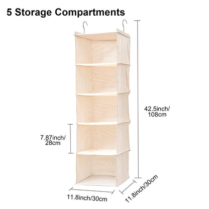 BOMEI PACK Beige Hanging Wardrobe Closet Organizer Shelves with 5 foldable Storage compartments,easy hang up with Curved Metal Hooks for storage