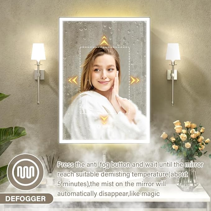 KAASUNES LED Mirror Cabinet with Light,Stepless Glass Shelf,3 Colors&Dimmer,Defogger,Internal light&USB Shaver Socket,Backlit&Frontal