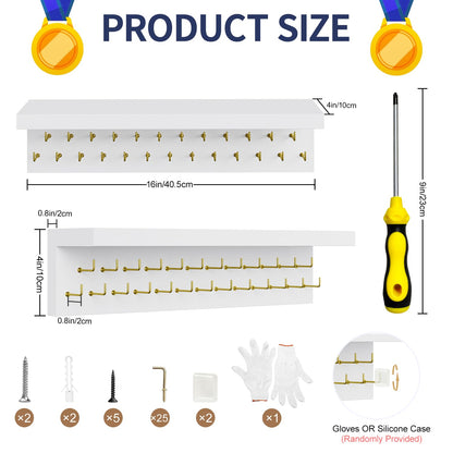 DSVENROLY Medal Holder Trophy Shelf Organizer, 25 Golden Hooks, White