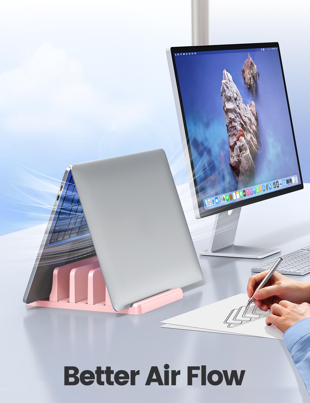 VAYDEER Vertical Laptop Stand - Space Saving & Adjustable 5-in-1 3 Slots for MacBook, Notebook, iPad & Laptops up to 17.3 Inches - Pink