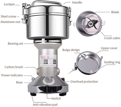 LEJIEYIN Grain Mill Electric 750g Electric Mill Stainless Steel Graingrinder & Commercial Motor Grinding Stone Mill Grain with 2000W 25000 RPM for