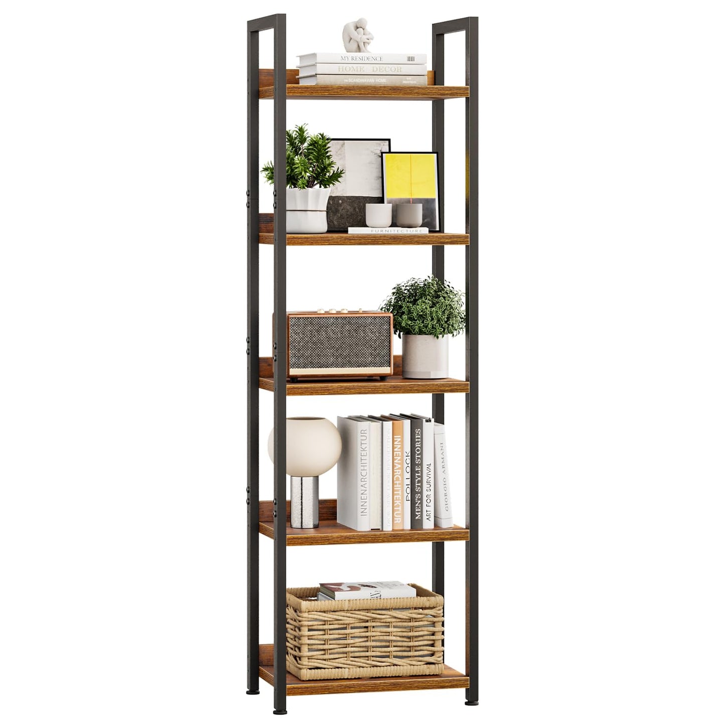 APPOLYN 5 Tier Slim Bookshelf, Bookcase with Backboard, Rustic Brown