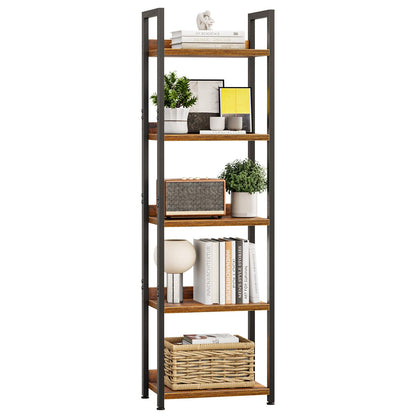 APPOLYN 5 Tier Slim Bookshelf, Bookcase with Backboard, Rustic Brown
