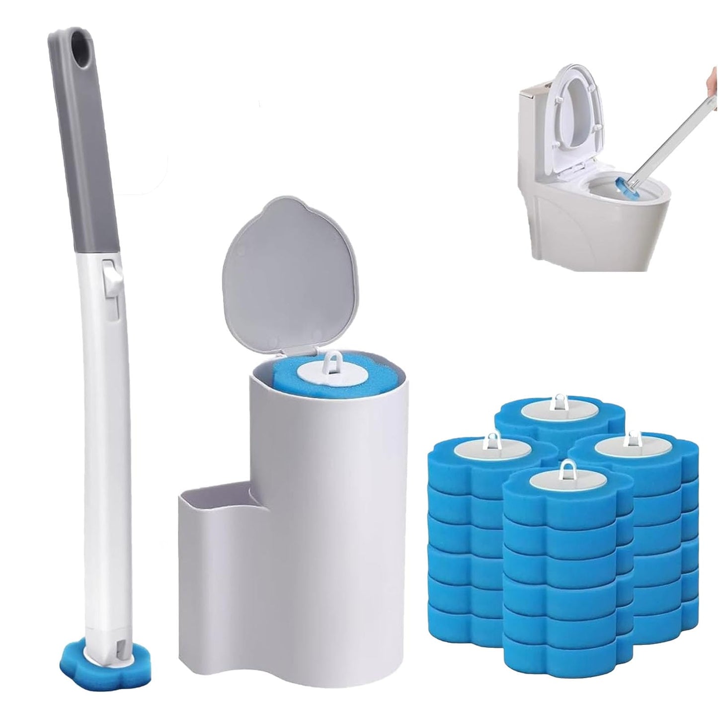 1 Pack Disposable Toilet Brush with 24 Refill Sponges, Wall Mounted Toilet Cleaning Wand System with Holder, Bathroom Cleaning Brush for Toilet, Sink
